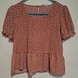 Hippie Rose Brown Polka Dot Ruffle Blouse